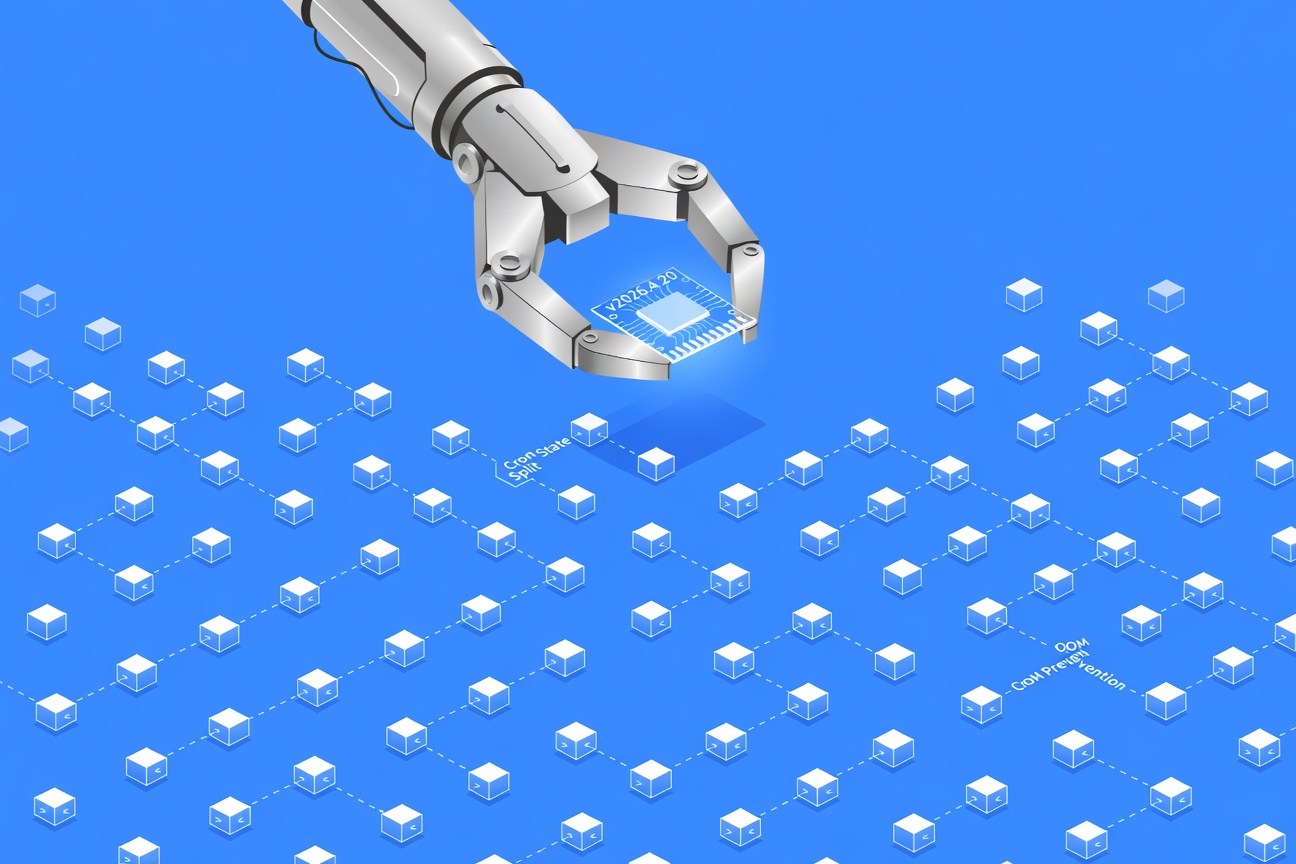 A sleek mechanical claw lifting a glowing circuit board above a sea of floating JSON nodes, representing intelligent automation and release engineering