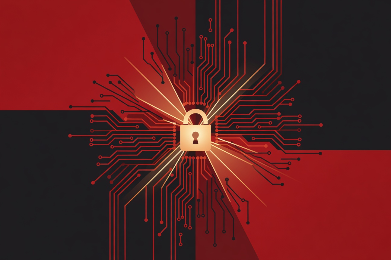 A glowing padlock surrounded by interconnected circuits on a dark digital background, symbolizing AI security hardening