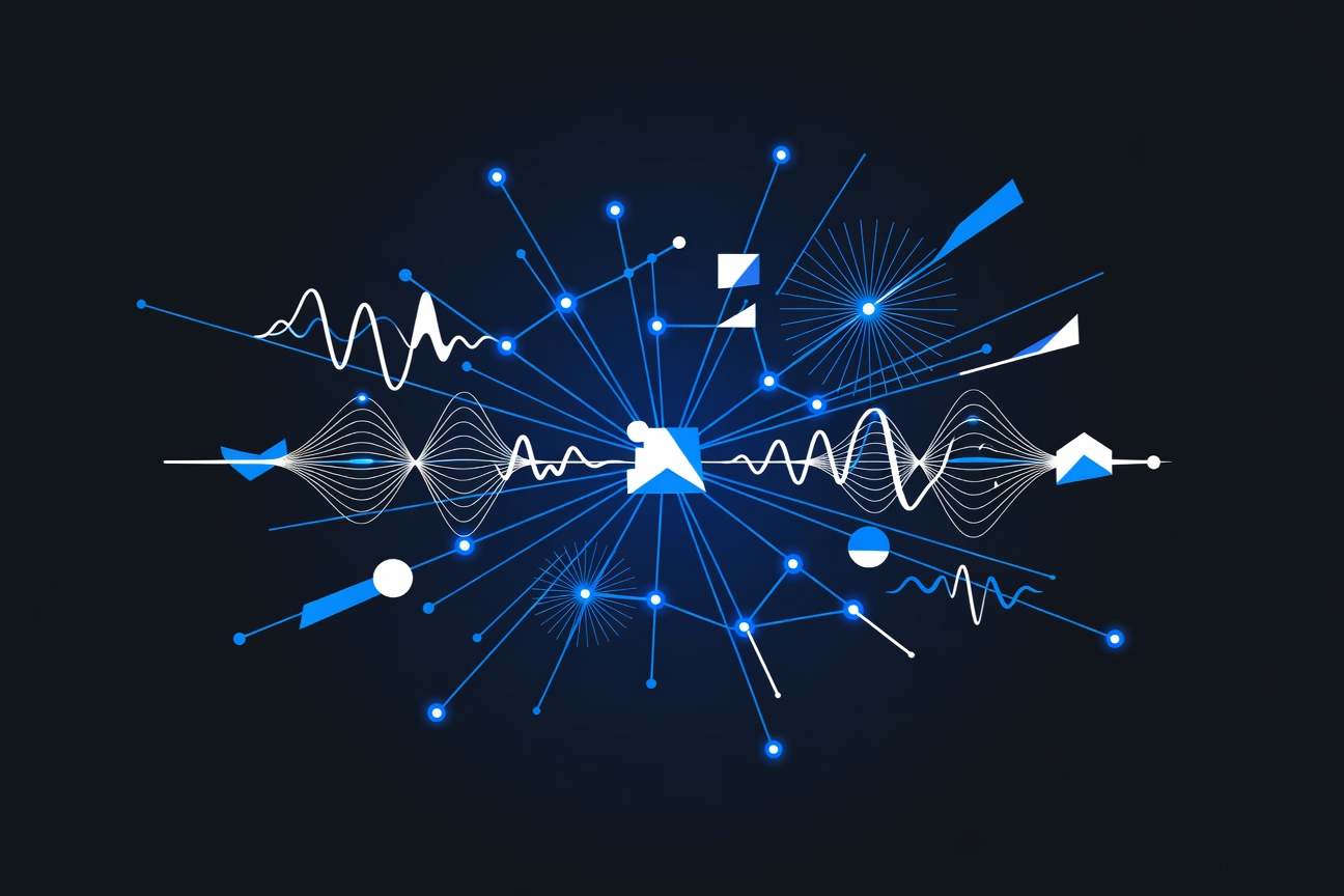 A constellation of glowing nodes forming a neural network, with waveforms for audio and geometric shapes for images radiating outward from a central terminal icon