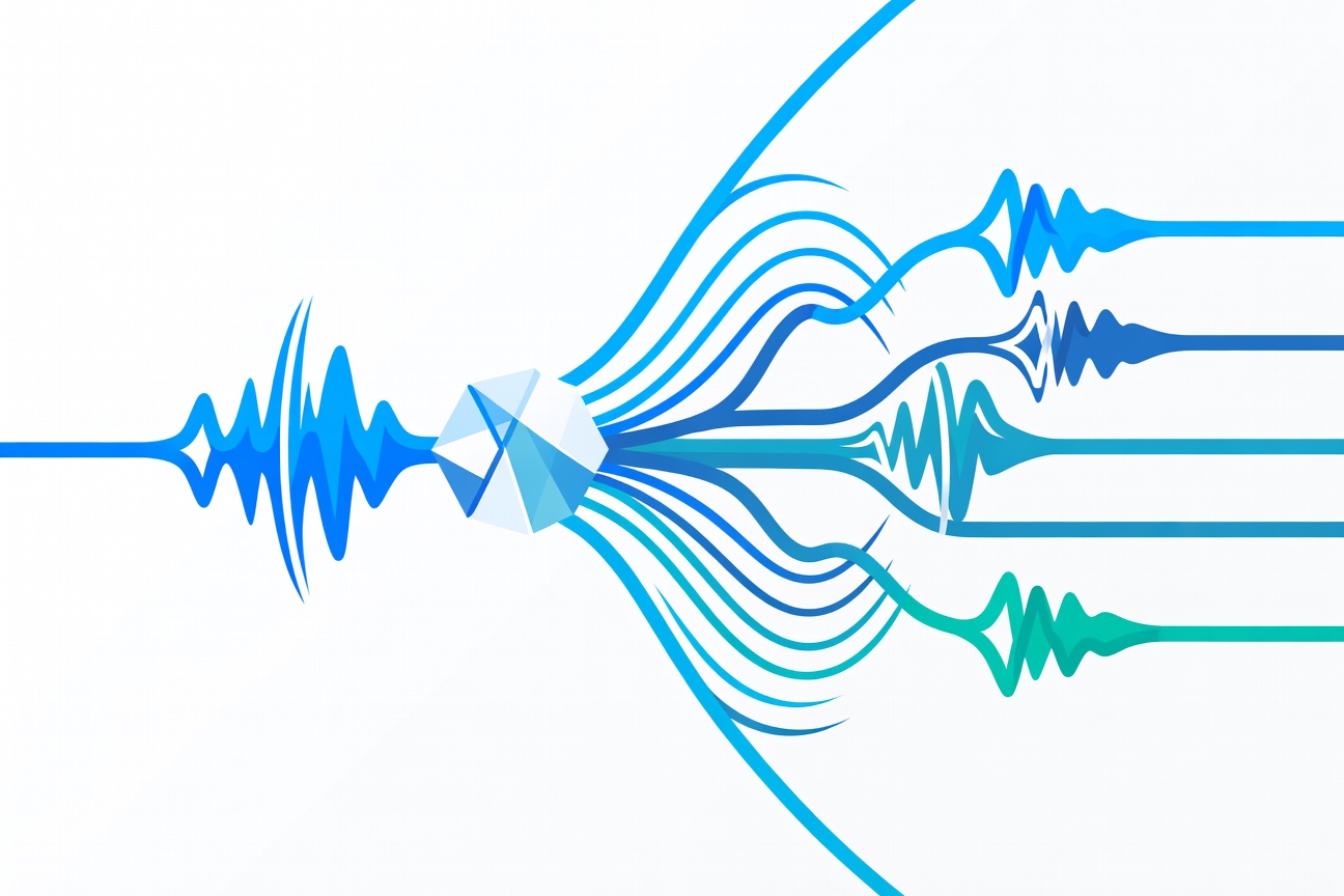 Abstract sound waves emanating from a central geometric node, splitting into five colored streams representing different TTS provider channels