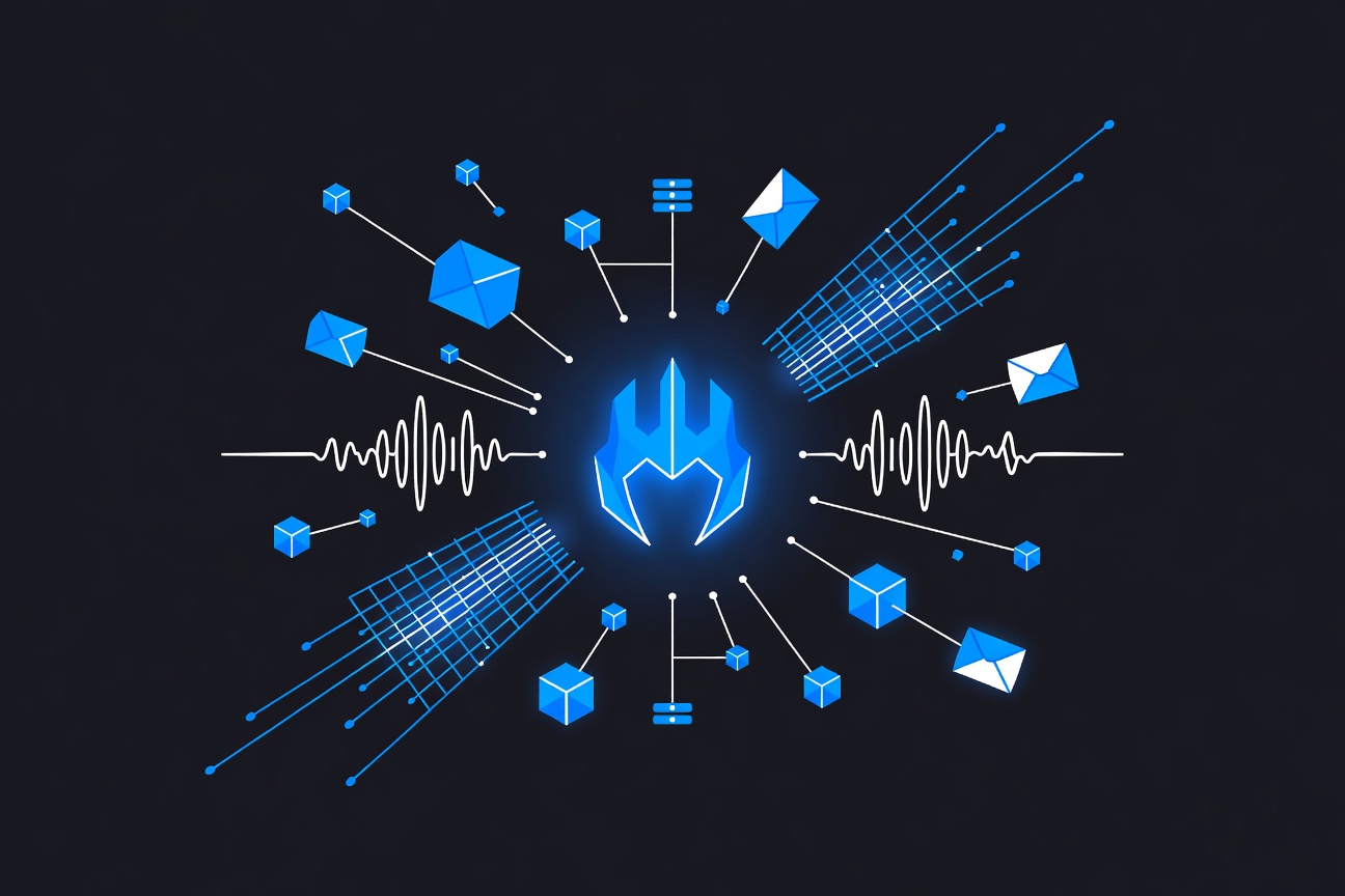 A glowing blue claw icon surrounded by floating icons representing voice waves, a matrix grid, local server nodes, and speech bubbles