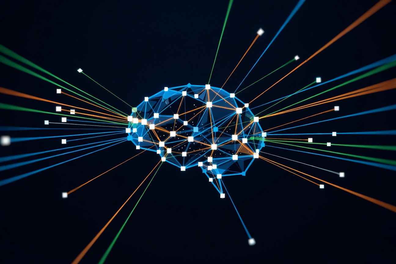 Abstract geometric neural network nodes connected by glowing orange and green lines representing AI provider integration