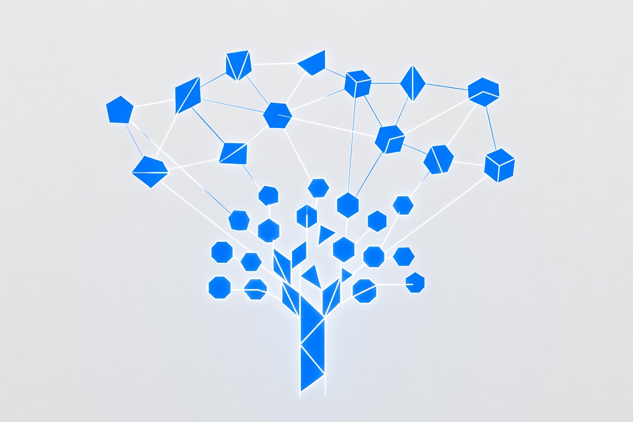 A glowing branching tree of agent sessions with a wiki knowledge graph floating above it