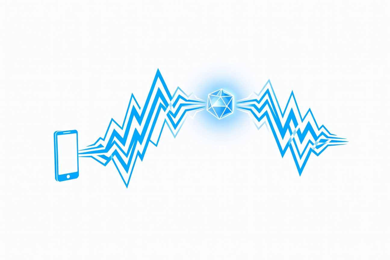 An abstract waveform flowing through a mobile device and connecting to a glowing cloud gateway, representing real-time voice streaming