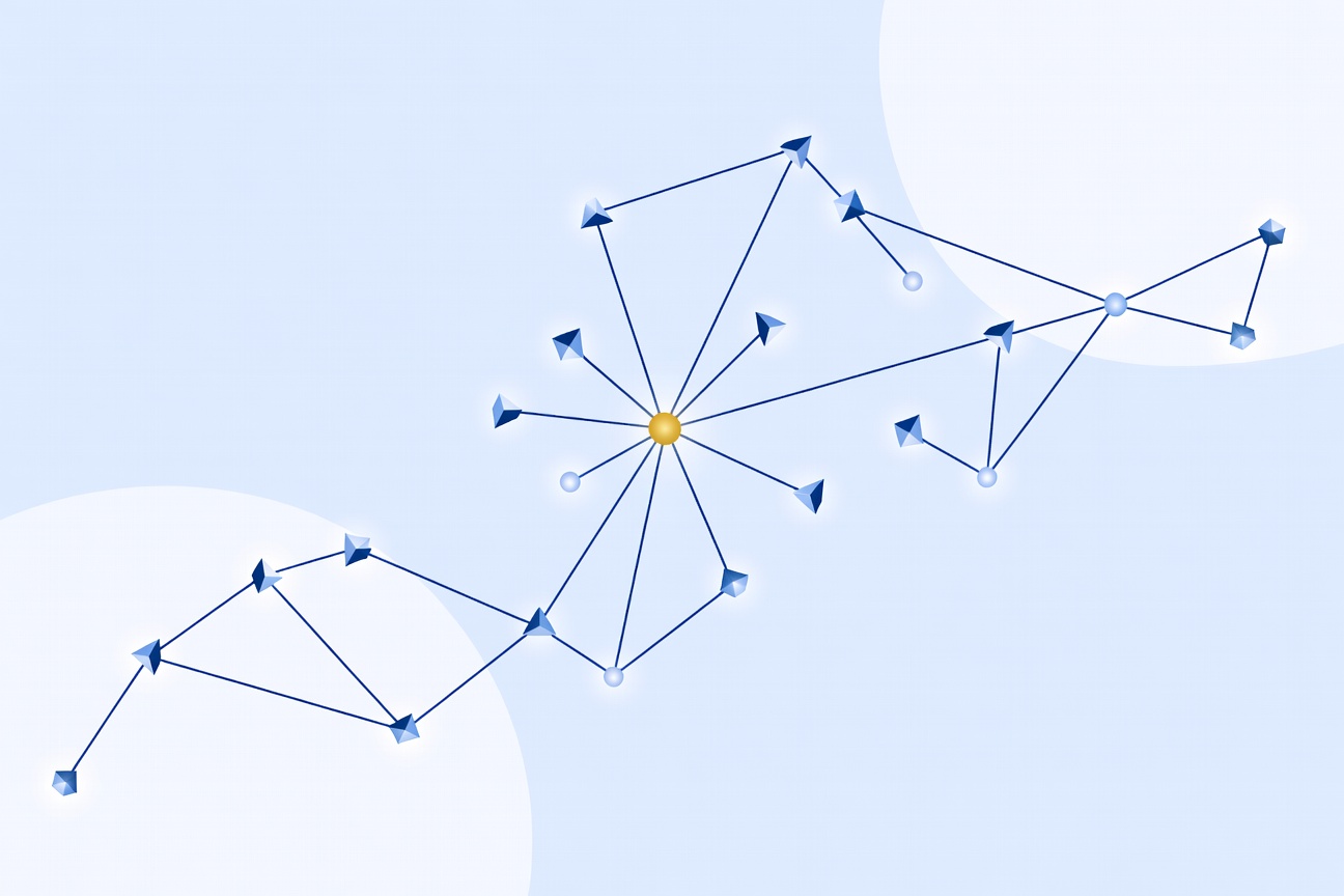 Abstract geometric graph with glowing nodes connected by thin lines representing a plugin architecture network