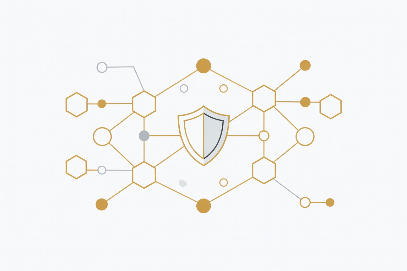 Abstract technical diagram with interconnected nodes and security shield icon representing a software release
