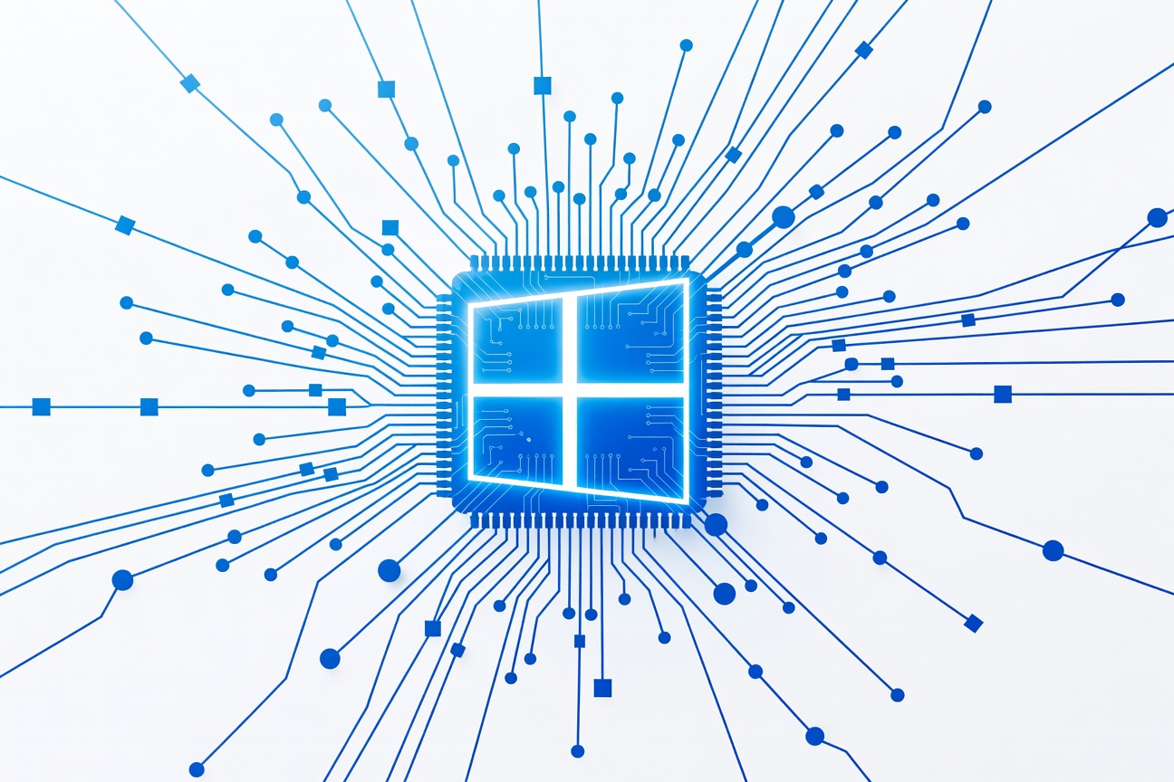 A glowing circuit board chip shaped like a Windows logo merging with an agent workflow diagram on a dark background