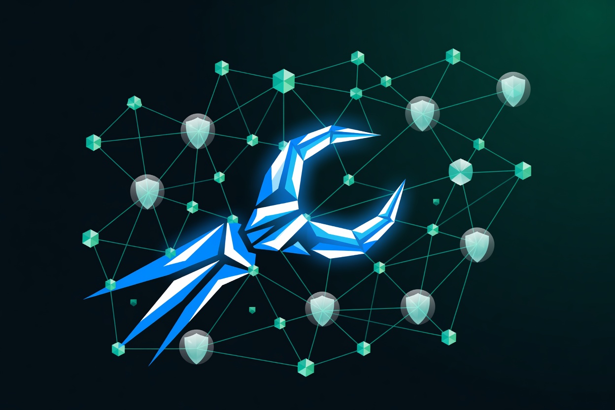 A glowing claw reaching through a web of interconnected nodes and shields, symbolizing OpenClaw's new search and security capabilities