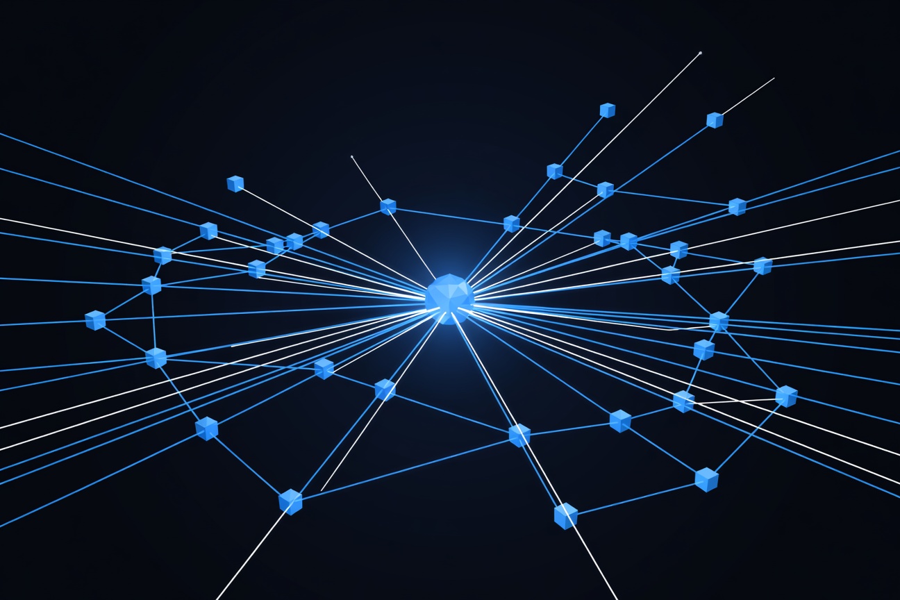 A glowing blue search node connecting to a web of distributed server points, abstract digital network diagram