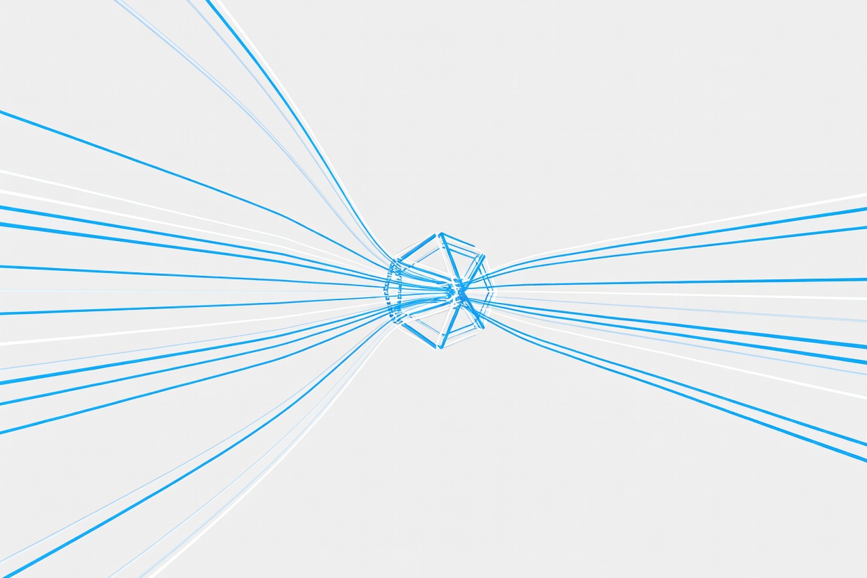 Abstract geometric shapes representing parallel data streams merging into a central hub node