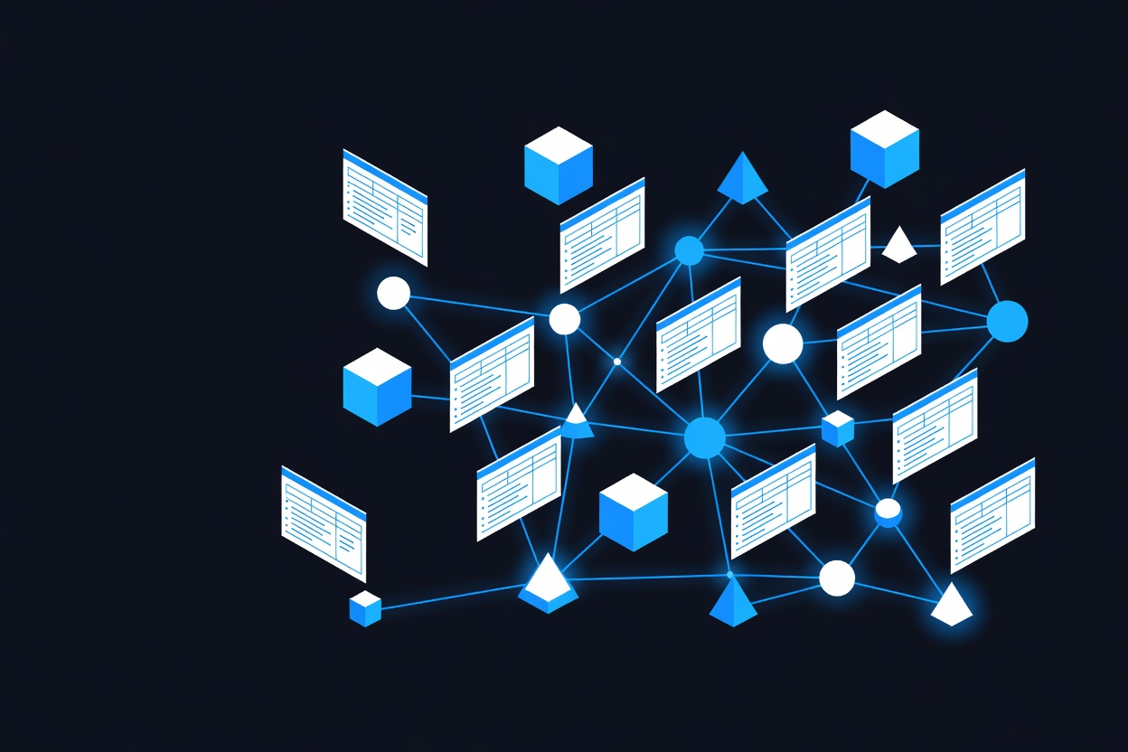Abstract geometric network nodes connected by glowing lines on a dark background, symbolizing structured message routing across channels