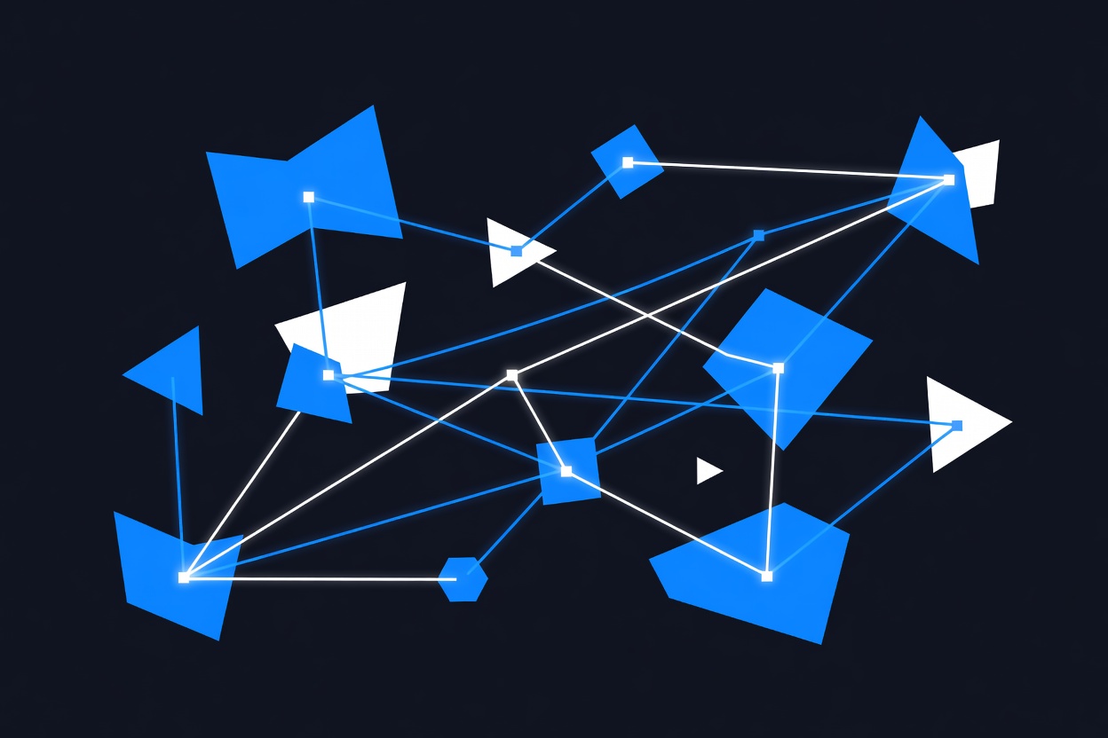 Abstract geometric shapes representing interconnected AI agent nodes recovering from disruption, with routing paths visualized as clean glowing lines on dark background