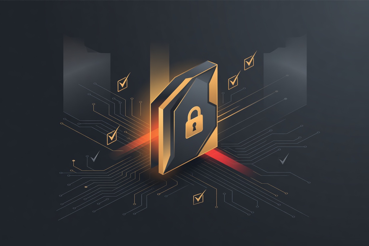 A digital gate with a glowing red 'CLOSED' sign, surrounded by circuit lines and abstract approval checkboxes — all set against a dark technical background