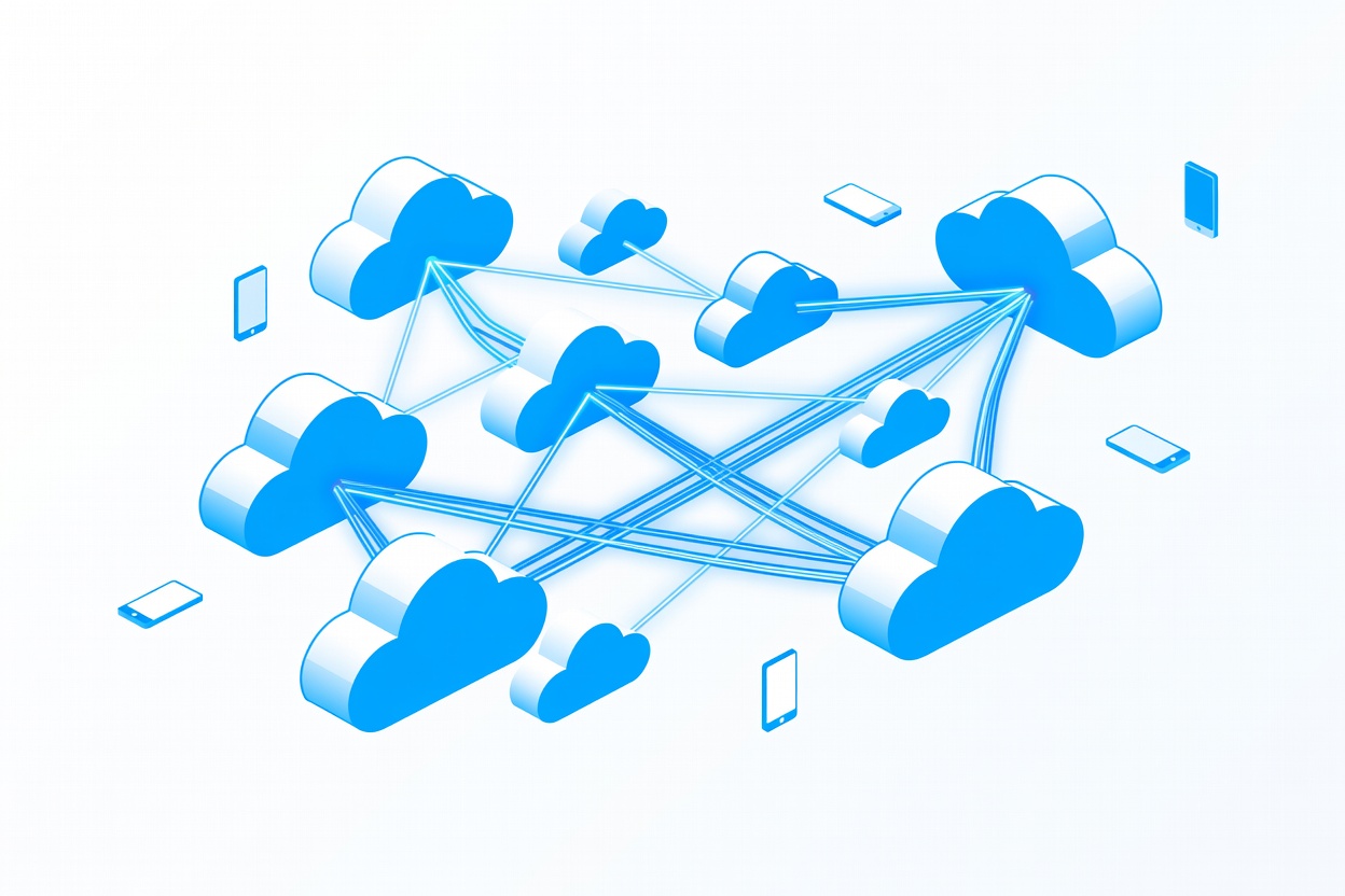 Abstract illustration of interconnected cloud nodes with glowing session threads flowing between them