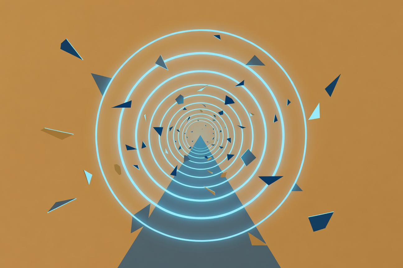 Abstract concentric rings of glowing cyan light tightening toward a central point, with small geometric fragments being absorbed cleanly into the core