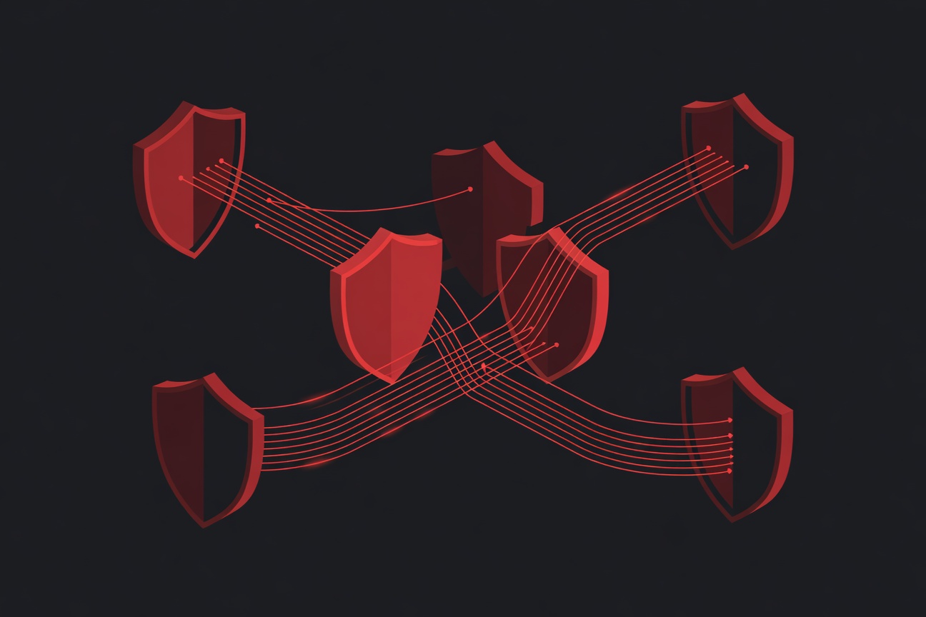 Abstract illustration of interlocking security shields and streaming data pathways on a dark background