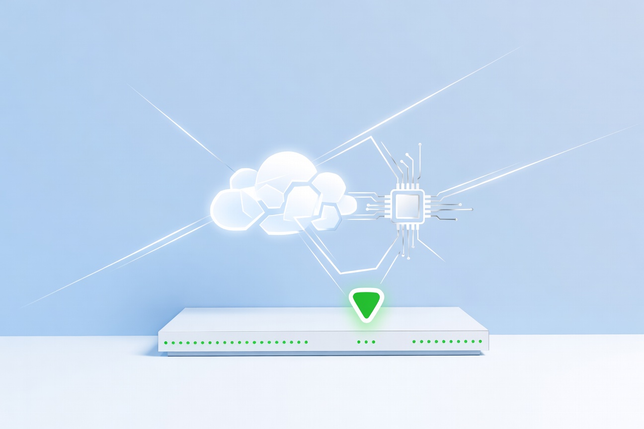 A glowing cloud database node connected to a lean circuit chip, floating above a minimal control panel with status indicators