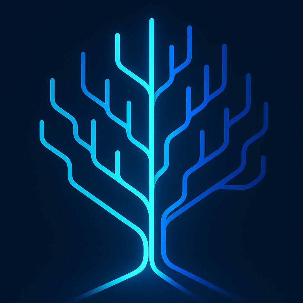 Abstract branching tree of glowing forked paths representing subagent context inheritance, teal and indigo palette