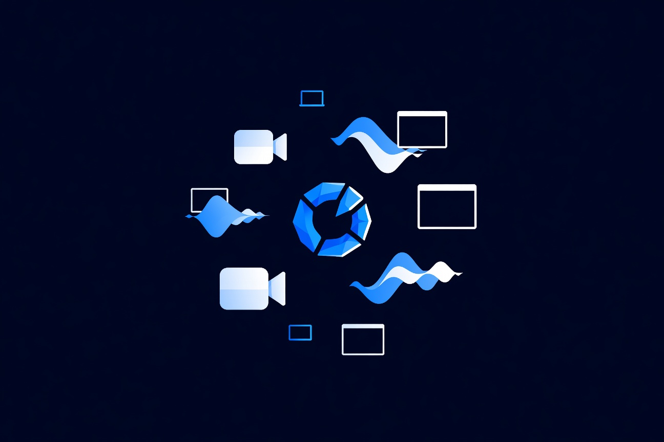 A stylized claw icon surrounded by floating geometric shapes representing meeting rooms, voice waves, and browser windows