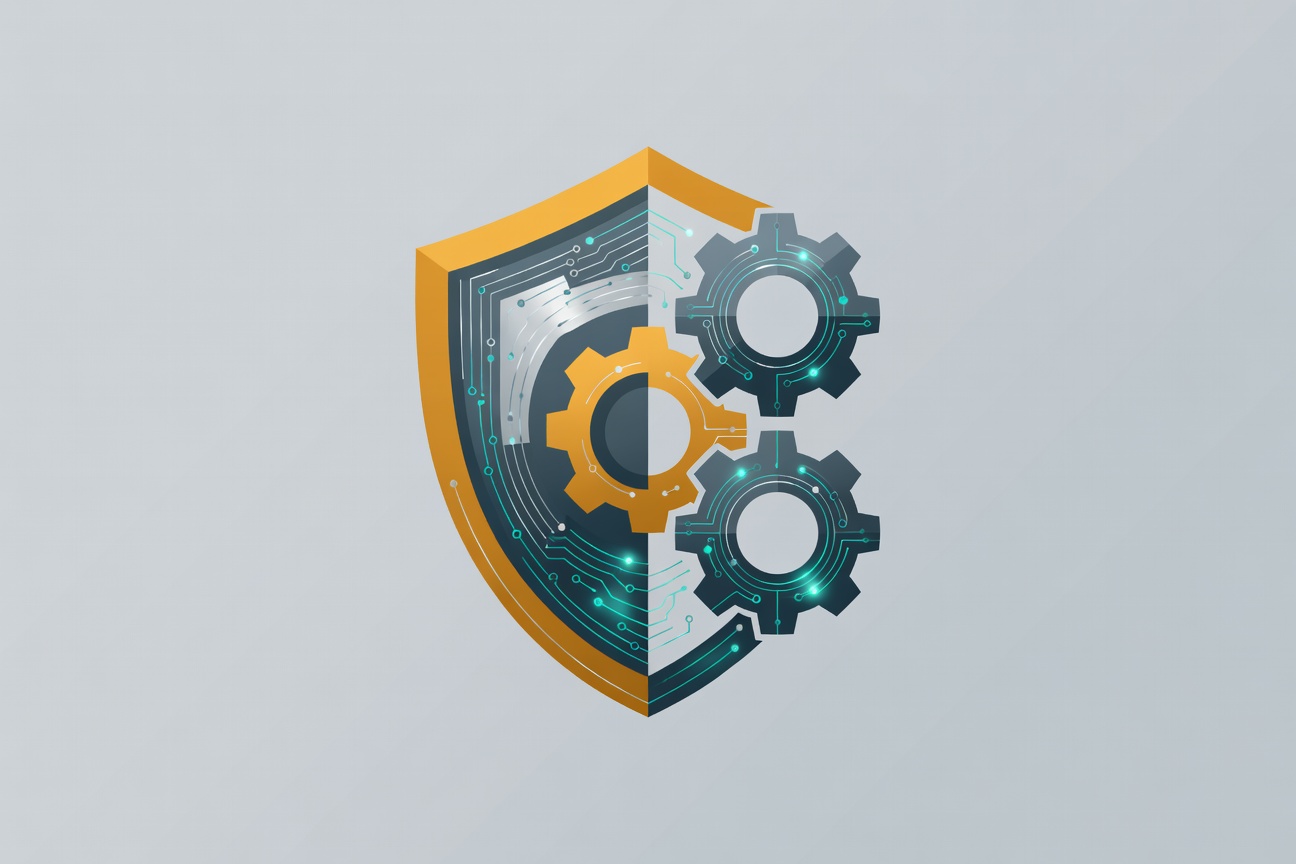 Abstract layered shield and gear icons with glowing circuits, dark background with teal and silver tones, representing production hardening