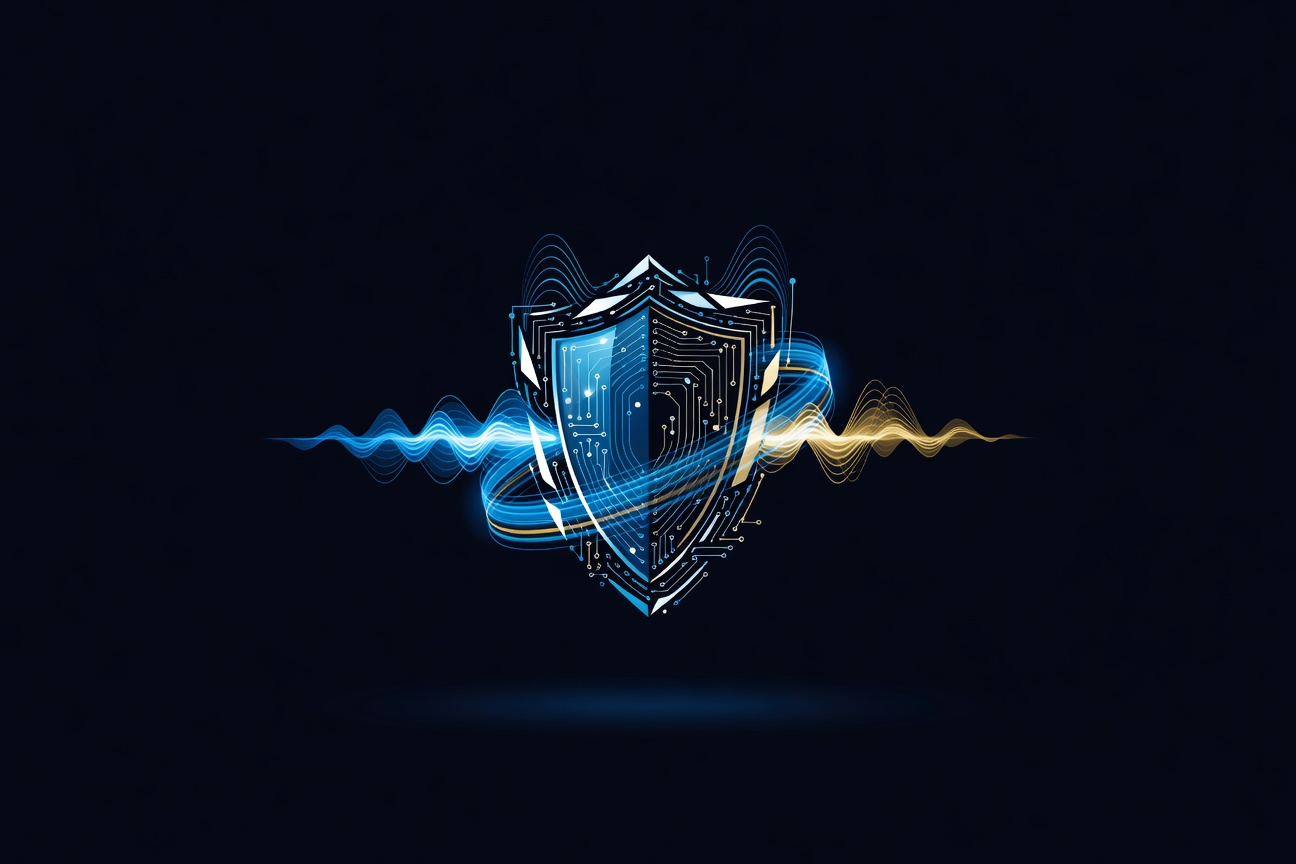 Abstract security shield with circuit patterns and voice waveforms, glowing in blue and gold