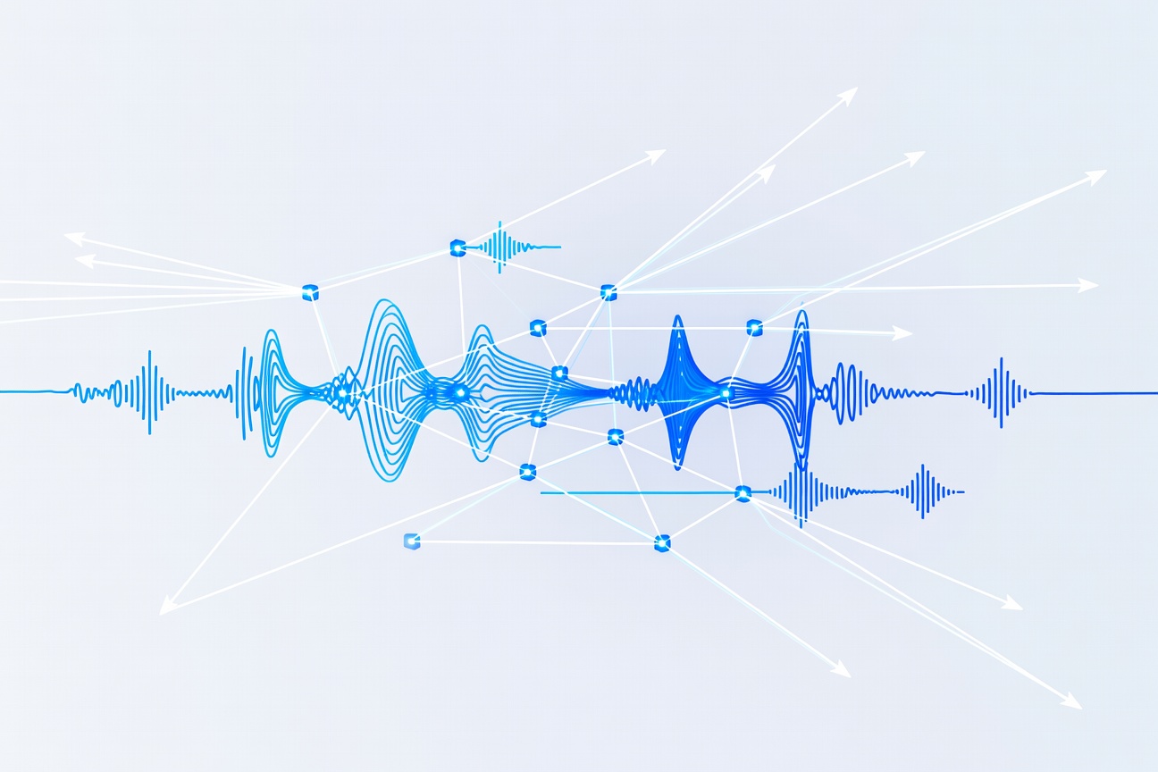 Abstract network of glowing nodes with voice waveforms and telemetry data streams radiating outward