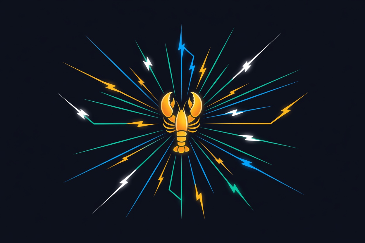 Abstract glowing lobster claw icon with lightning bolts representing multi-channel AI connections across Slack, Mattermost, and terminal