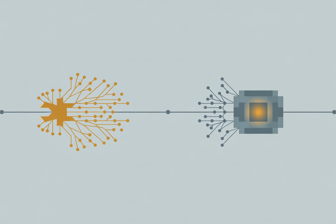 Two abstract agent shapes on opposite sides of a timeline — one connected to many nodes, the other with a single deep memory core