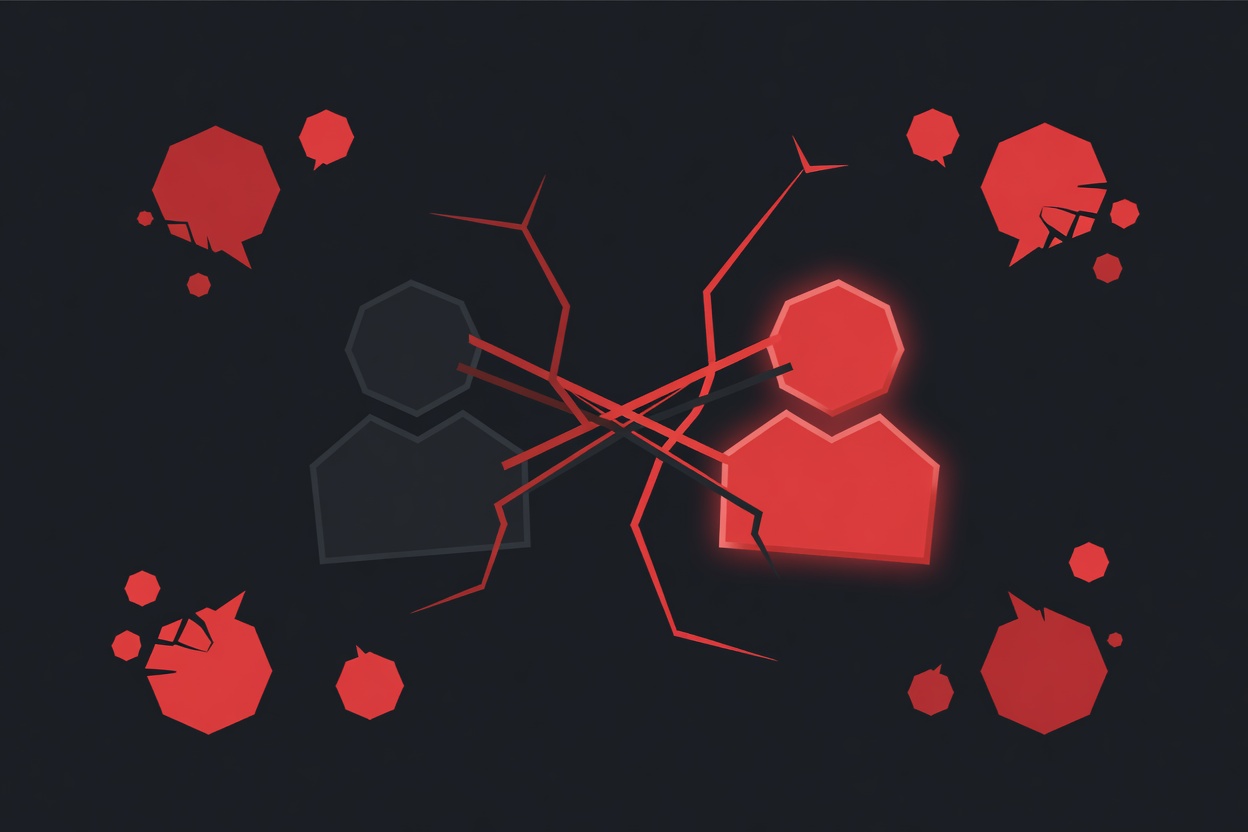 Abstract visualization of a shadowy duplicate shape mirroring a glowing AI agent icon connected to fragmented messaging platform hexagons
