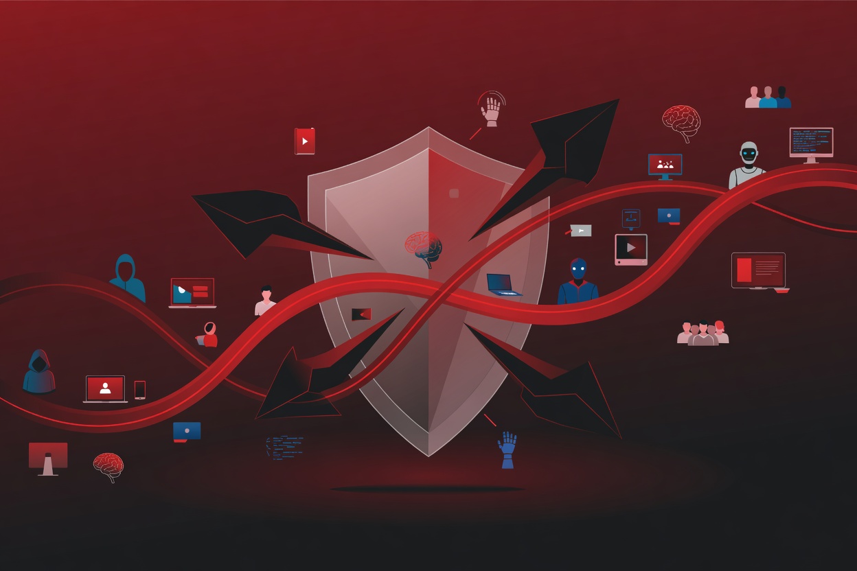 A translucent firewall shield hovering in front of abstract glowing data streams, with dark threat nodes deflecting off the surface