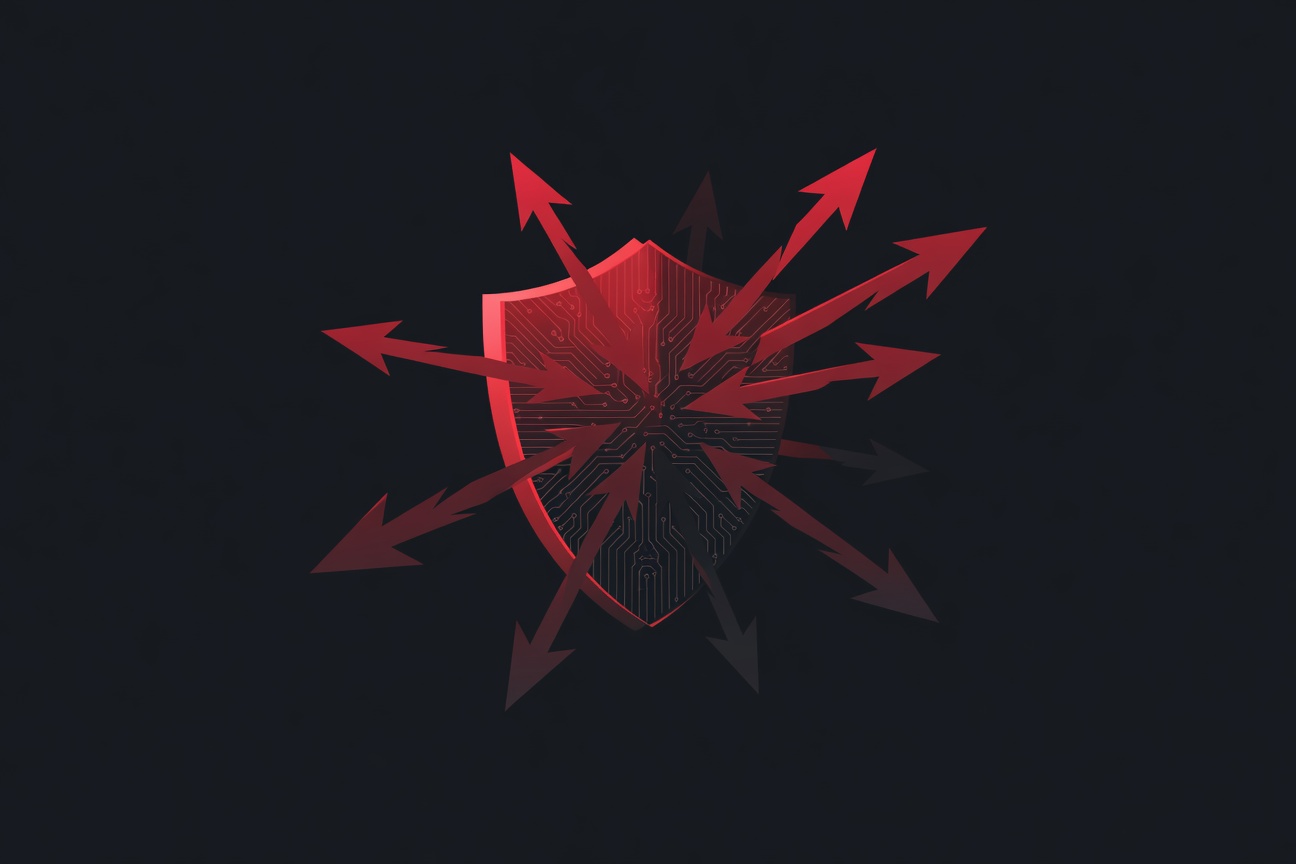 A glowing shield with circuit-board patterns deflecting abstract arrow shapes — representing defense against agentic AI attack vectors