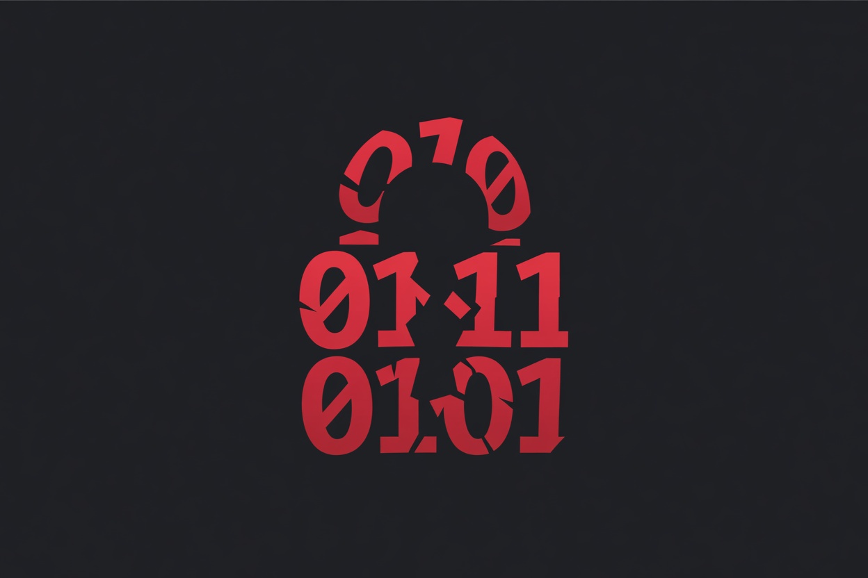 An abstract broken lock shape made of interlocking text tokens on a dark digital background, representing an unfixable vulnerability