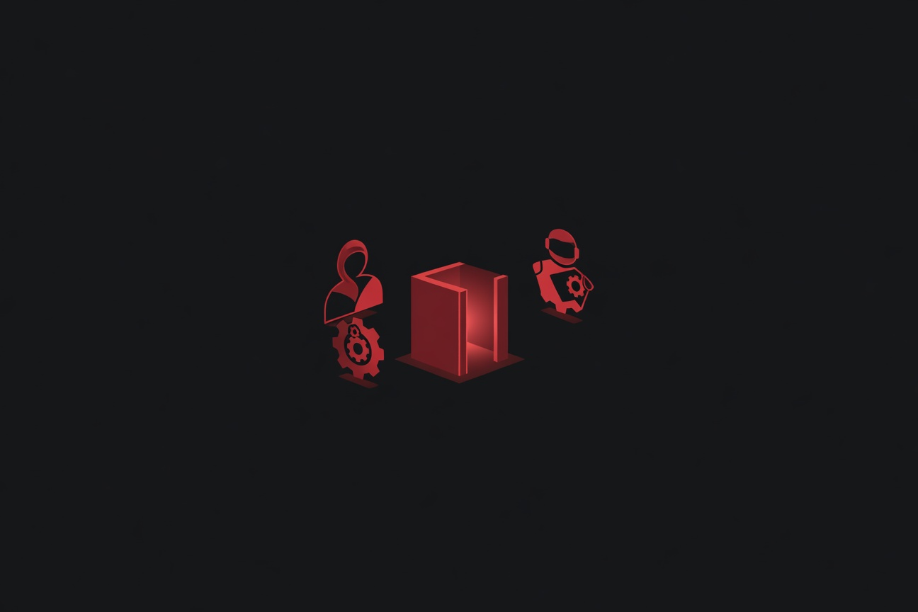 Three abstract identity tokens — human, machine, and robotic — floating symmetrically around a central glowing vault, geometric and clean