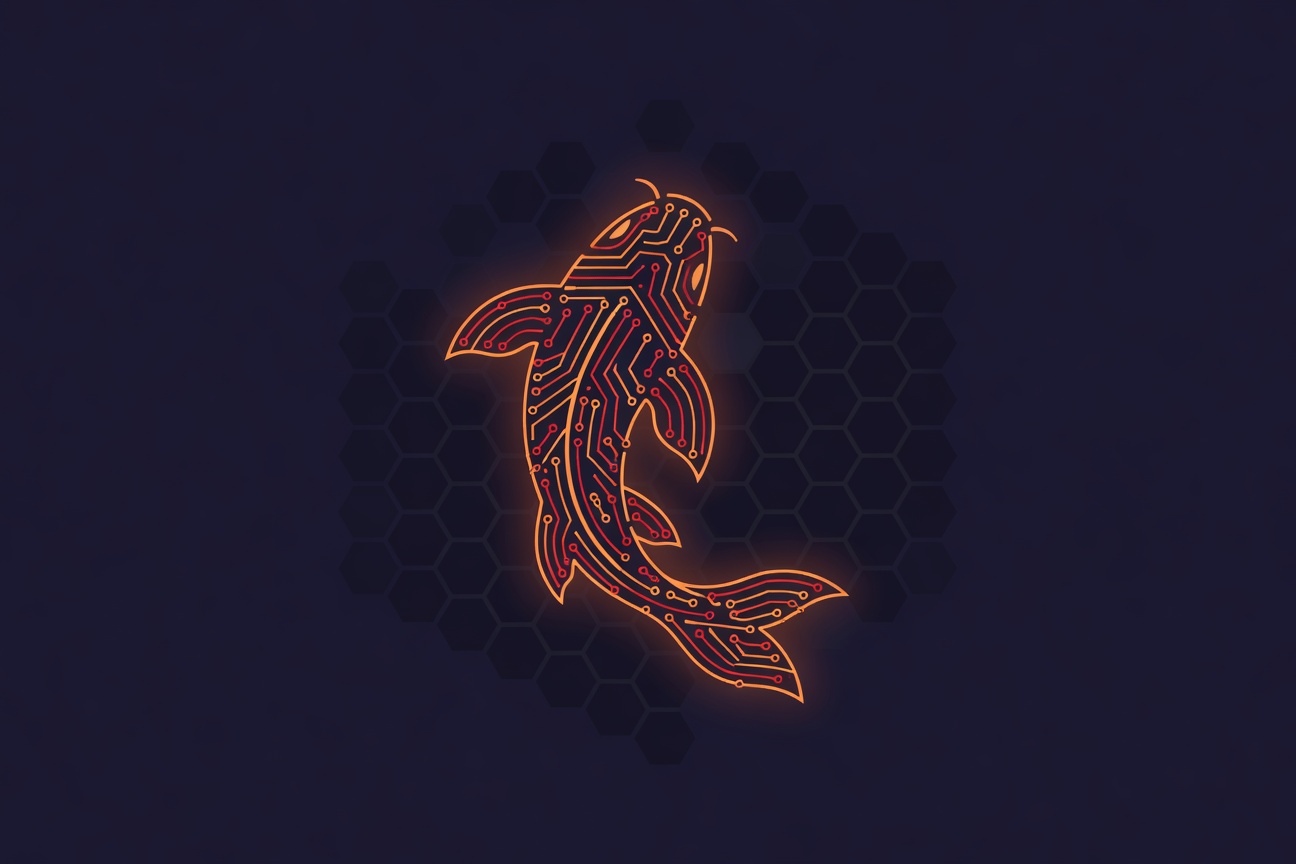 A stylized koi fish made of interlocking circuit board traces, glowing orange against a deep indigo background with a faint honeycomb pattern