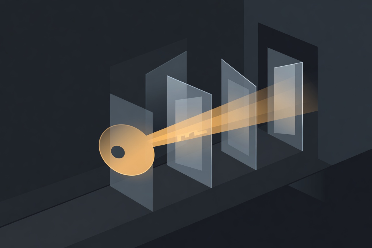 An abstract key made of light beams passing through a series of translucent authorization gates in a dark geometric space
