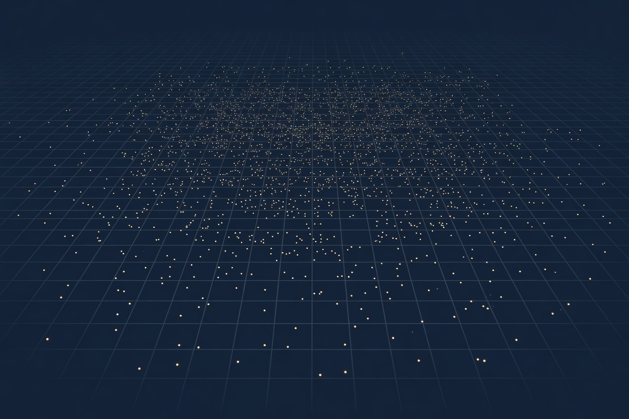 Geometric grid of glowing nodes in a dark blue field, representing a vast decentralized network of autonomous agents at scale