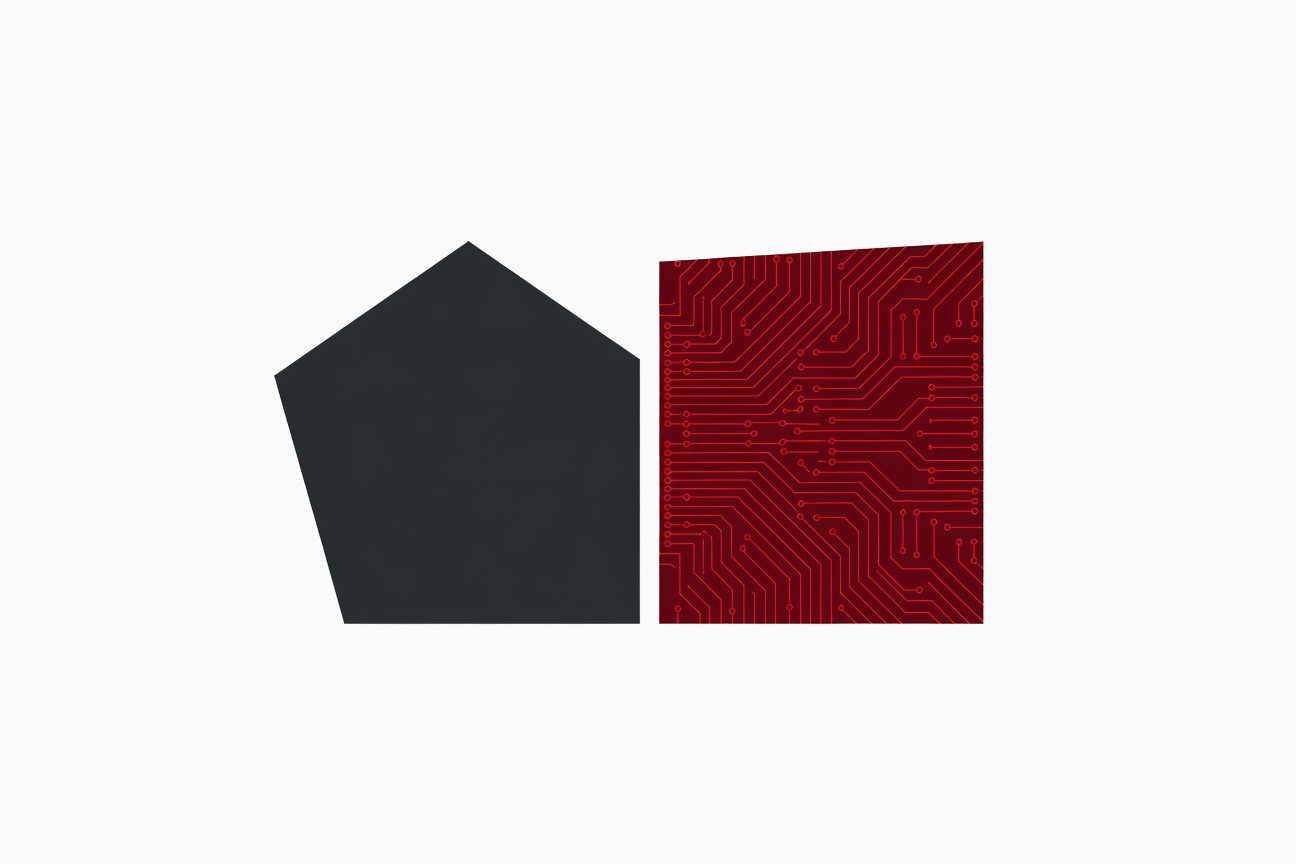 Abstract pentagon shape and circuit board pattern facing each other across a divide, in stark red and blue geometric forms