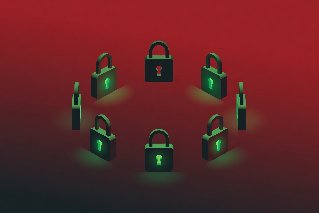 Seven illuminated padlocks arranged in a circle with one padlock dark and locked out, representing the Pentagon's classified AI access decisions
