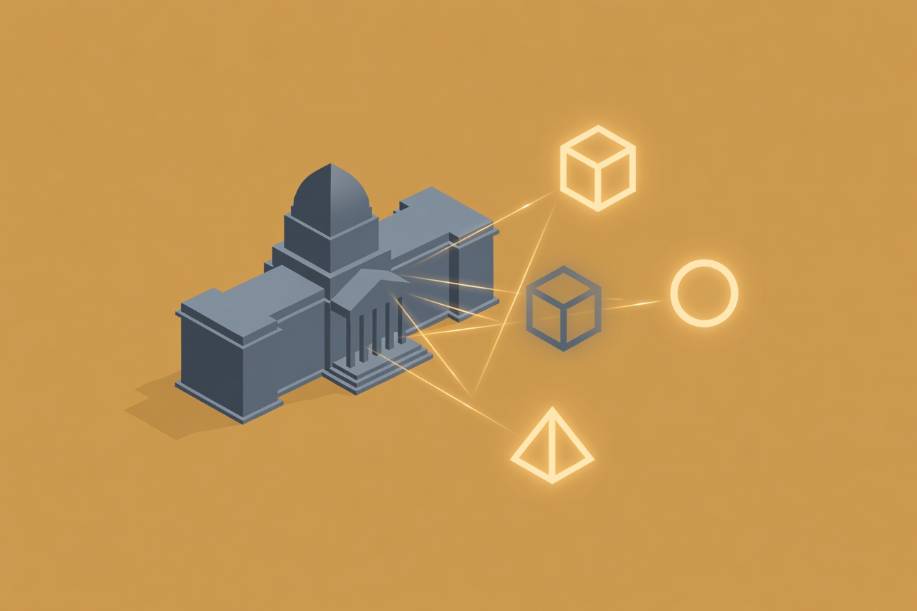 An abstract government building silhouette connected to three glowing AI model nodes, one node dimming while three illuminate
