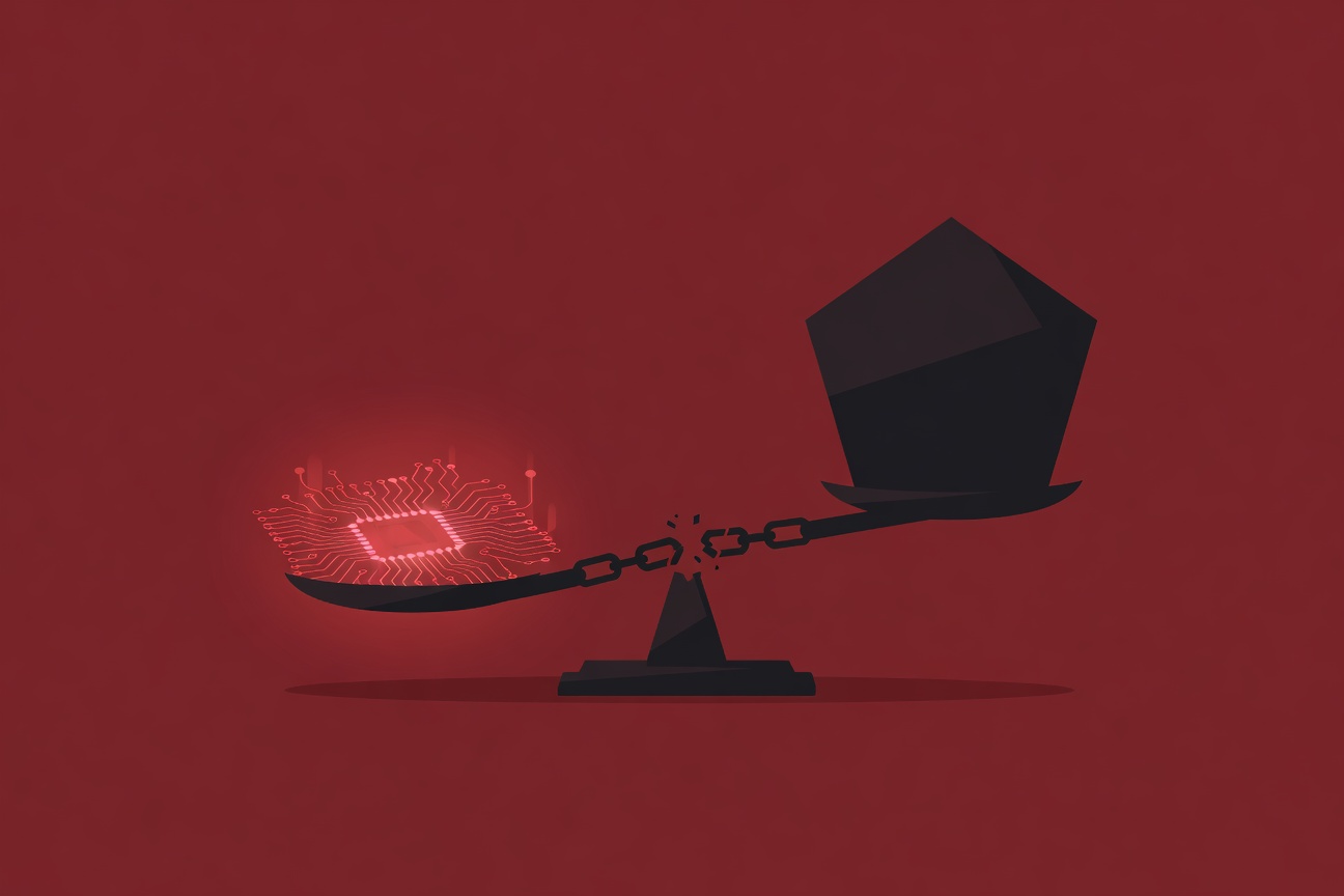 Abstract scales of justice balanced between a glowing circuit board and a military pentagon silhouette, representing the tension between AI safety and defense requirements