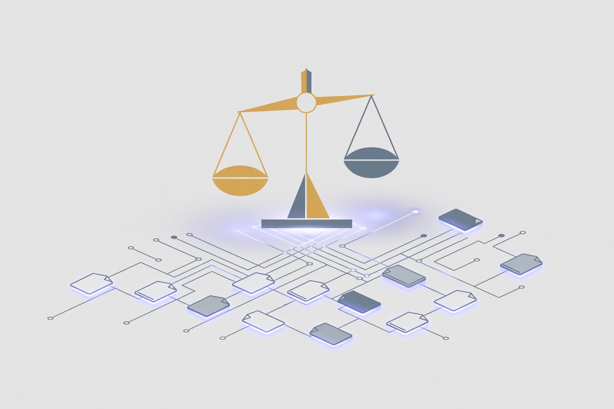 Abstract scales of justice balanced atop a glowing circuit board with document-shaped nodes flowing through the network