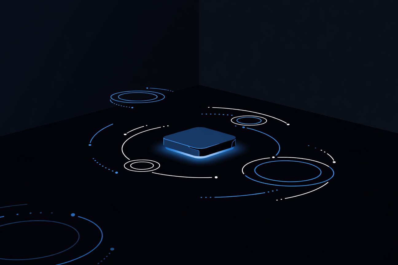 A sleek Mac mini glowing with soft blue light, surrounded by abstract orbital rings representing AI agent workflows running in the background