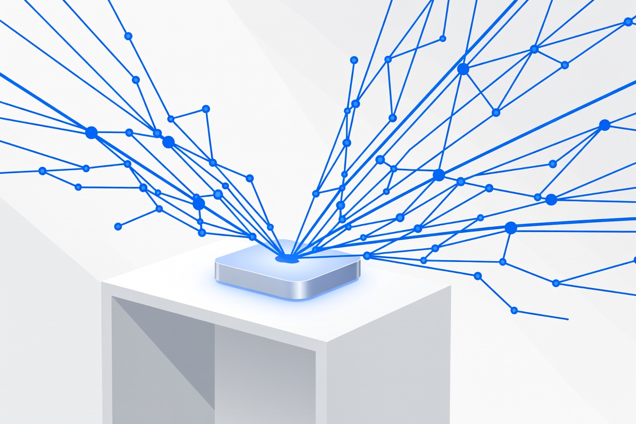 A glowing silver Mac mini on a minimal desk with abstract blue neural network lines emanating outward, suggesting always-on intelligence