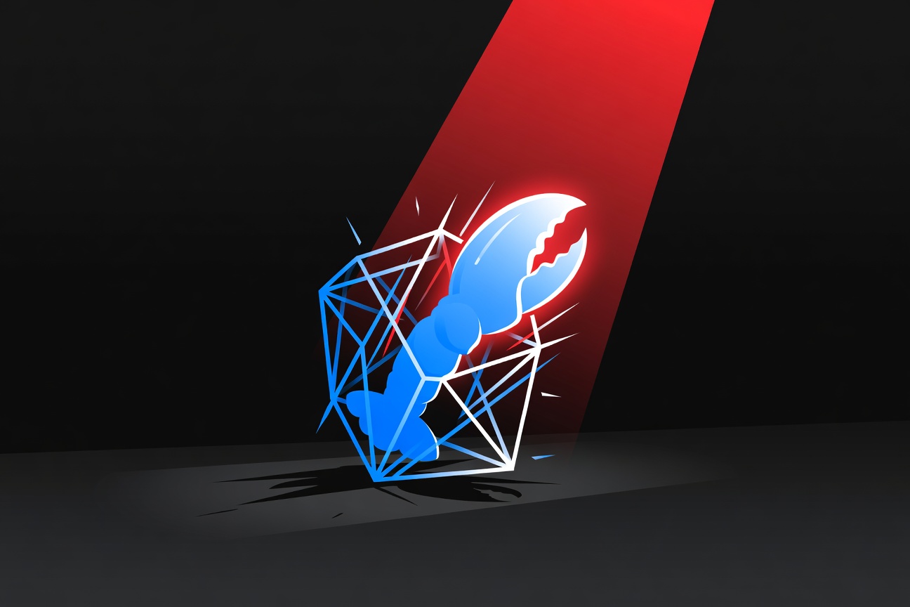 Abstract glowing lobster claw silhouette breaking free from a geometric cage on a dark stage, representing OpenClaw's viral breakout