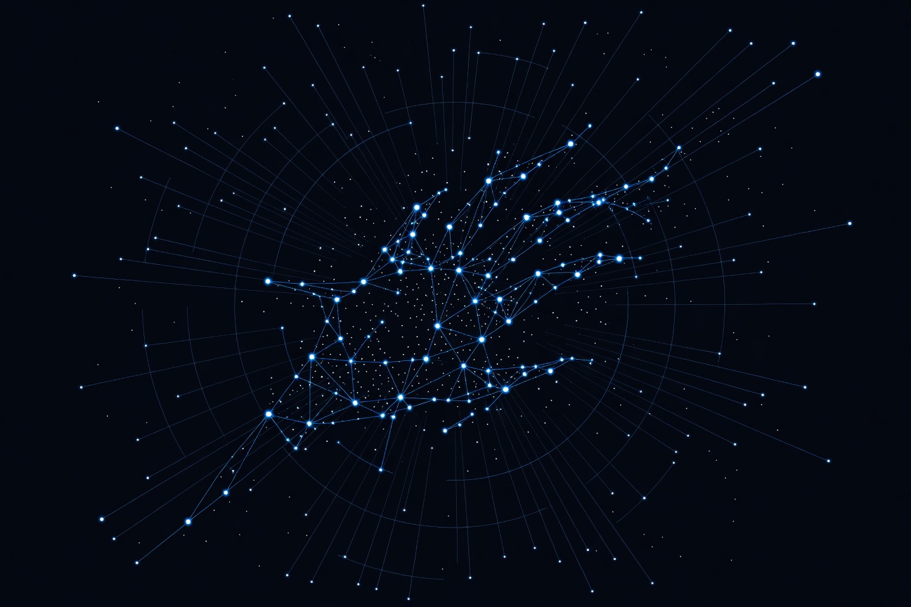 A claw-shaped constellation of interconnected nodes growing across a dark starfield, abstract and expansive