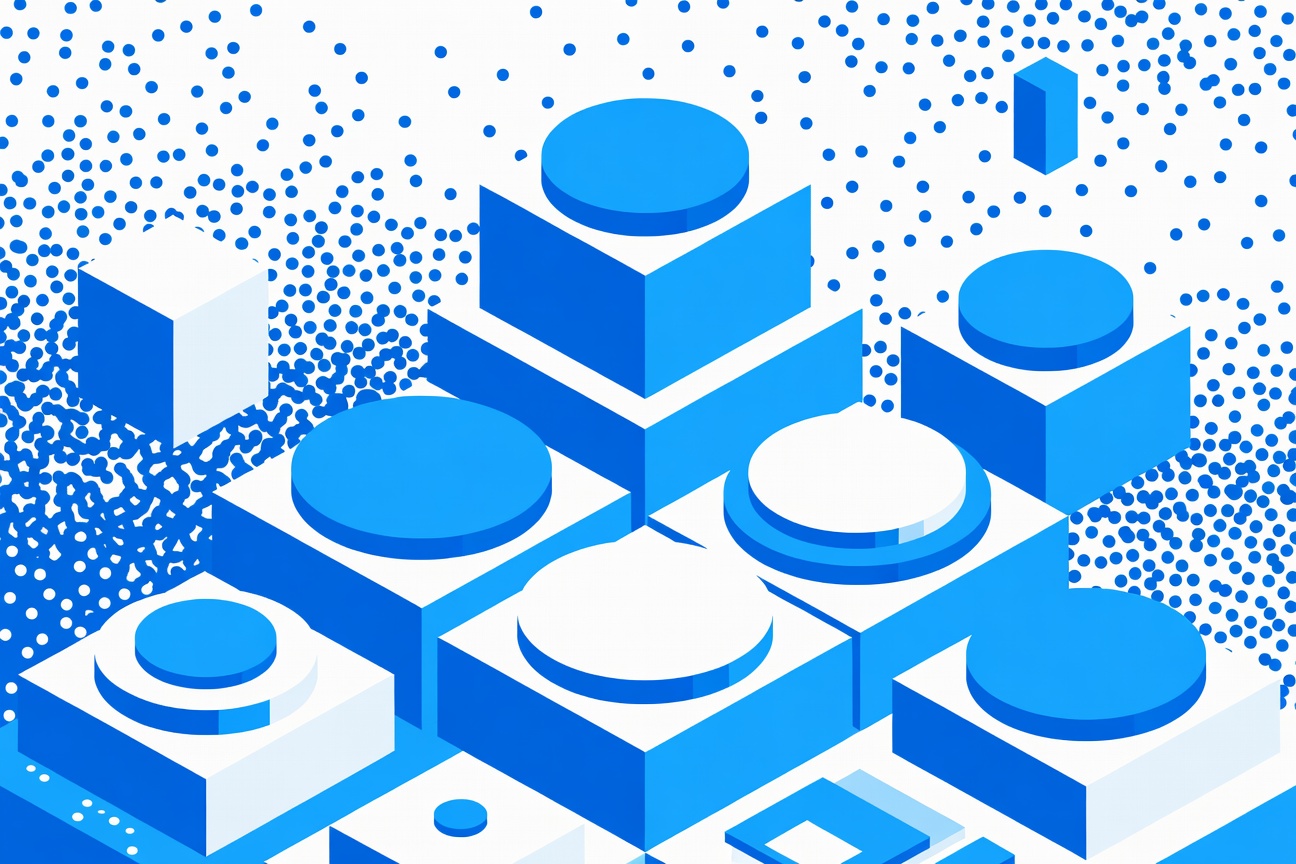 Abstract layered geometric shapes representing compiled knowledge artifacts replacing scattered retrieval vectors
