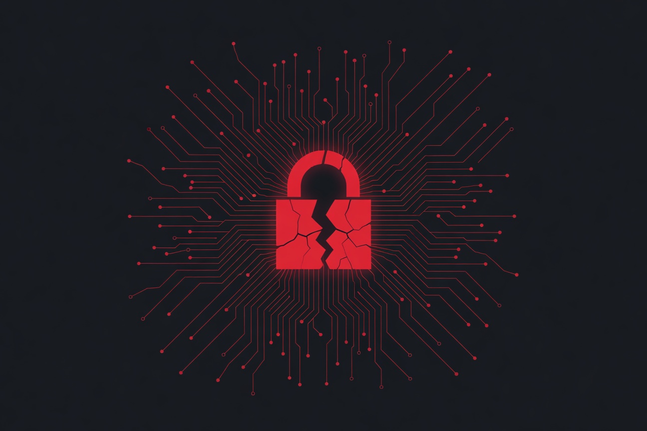 A glowing red lock symbol broken open, with circuit traces radiating outward representing a security breach