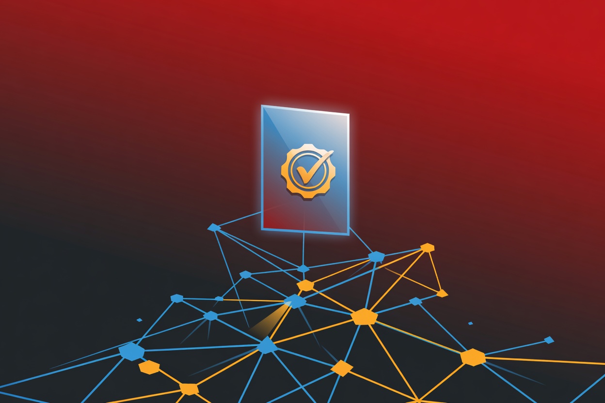 A stylized policy contract document with a glowing verification checkmark seal, floating above an abstract network of connected agent nodes