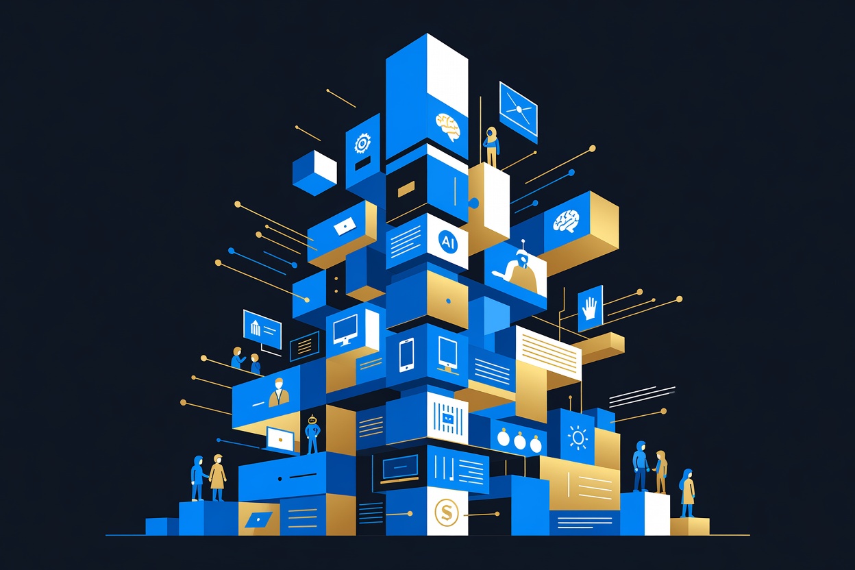 Abstract geometric structure representing modular enterprise AI infrastructure stacks, interlocking blocks forming a towering system in electric blue and gold