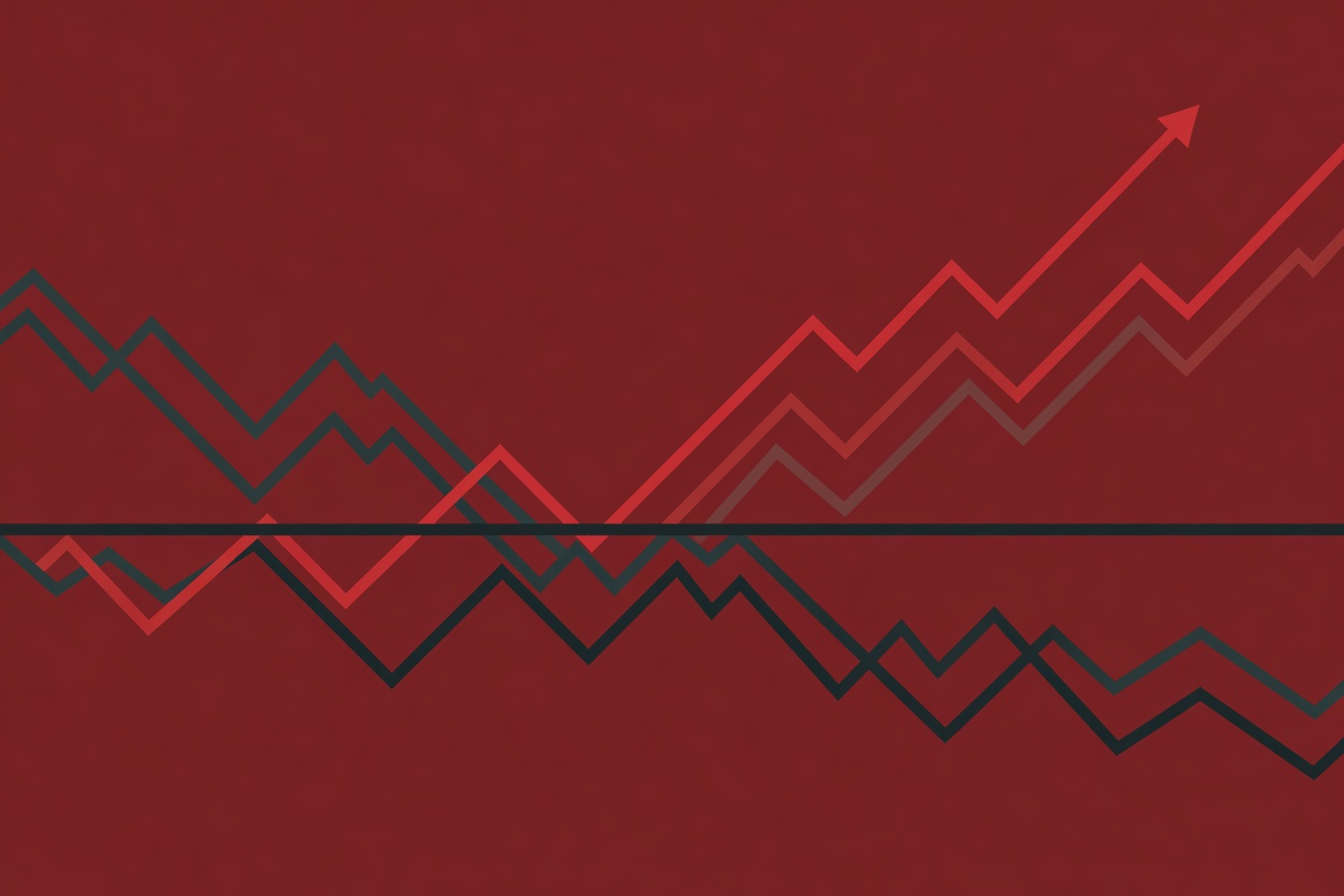 Abstract visualization of diverging financial trajectories — geometric line chart with most lines falling below a horizontal threshold, three lines rising above it